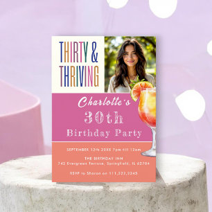 Thirty & Thriving Colourful Stripe Photo Birthday Invitation