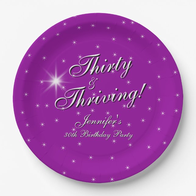 Thirty & Thriving, Pink Purple 30th Birthday 9" Paper Plate (Front)