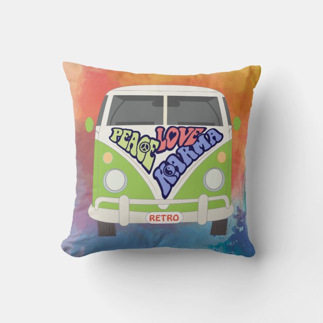 This 1970s vibe hippy van, Peace, Love & Karma Cushion (Front)