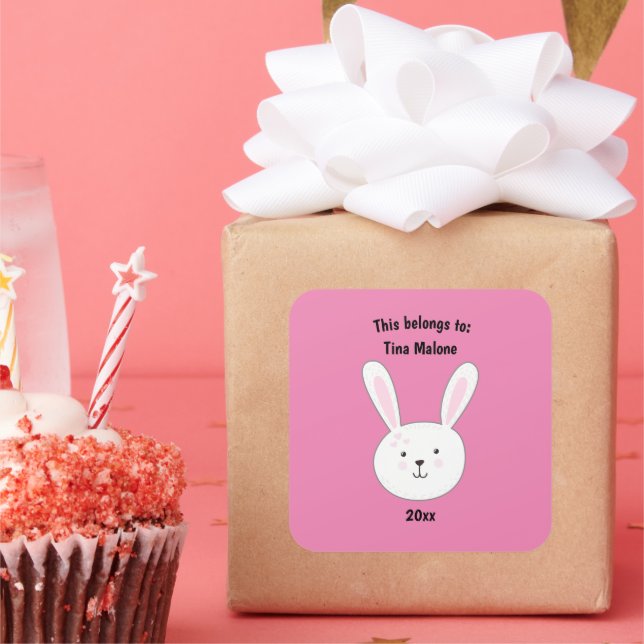 This Belongs to Back School Pink Cute Bunny Rabbit Square Sticker (Party)