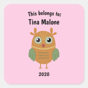This Belongs to Back to School Brown Owl Pink Square Sticker