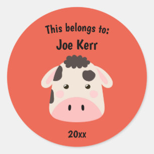 This Belongs to Back to School Cute Cow Red Classic Round Sticker