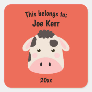 This Belongs to Back to School Cute Cow Red Square Sticker