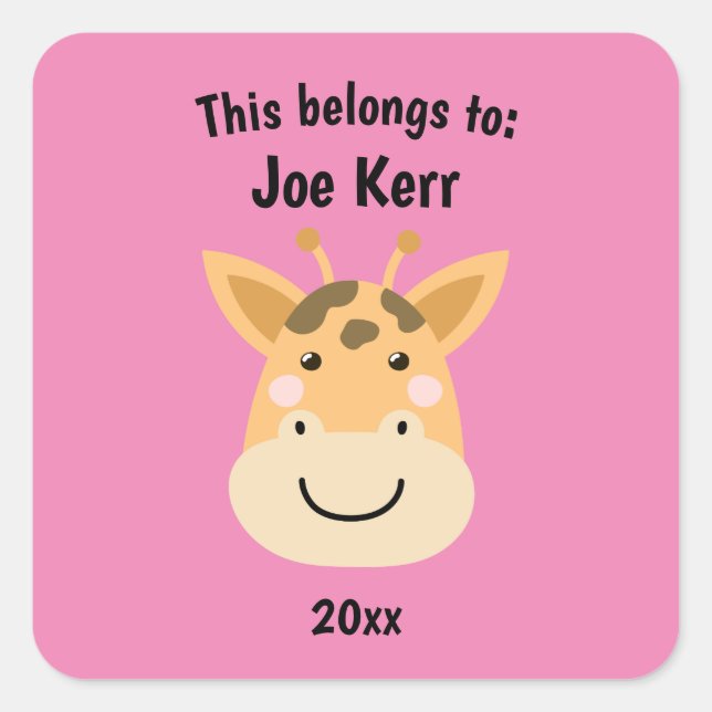 This Belongs to Back to School Cute Giraffe Pink Square Sticker (Front)