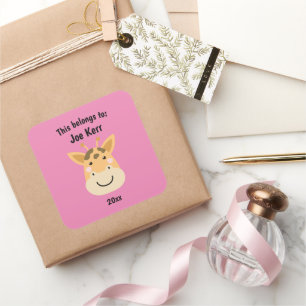 This Belongs to Back to School Cute Giraffe Pink Square Sticker
