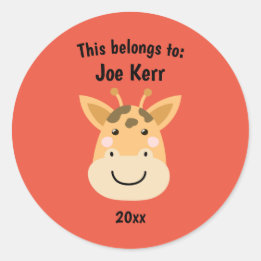 This Belongs to Back to School Cute Giraffe Red Classic Round Sticker