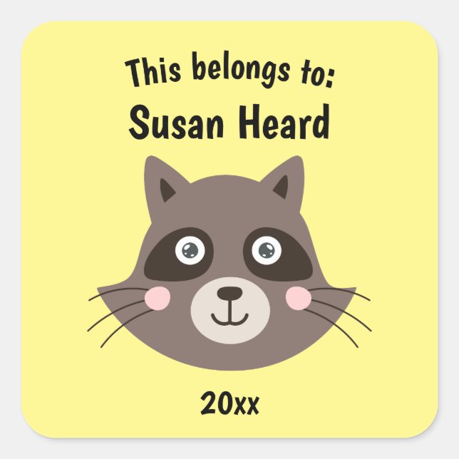 This Belongs to Back to School Cute Racoon Yellow Square Sticker (Front)