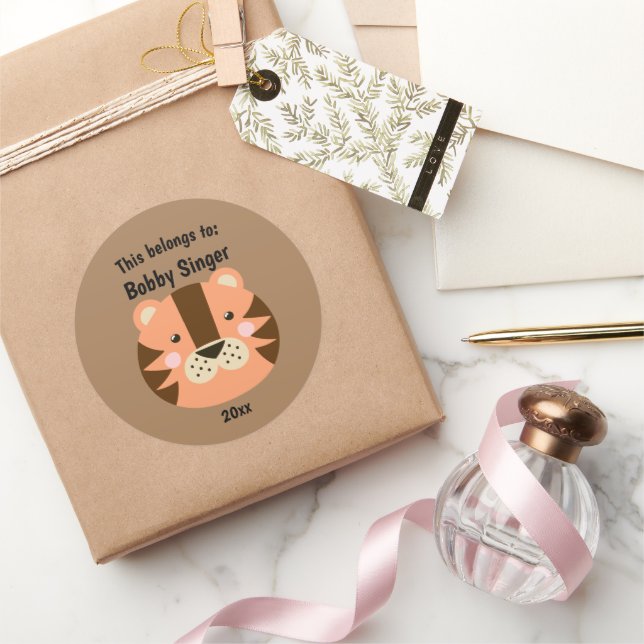 This Belongs to Back to School Cute Tiger Brown Classic Round Sticker (Gifting)