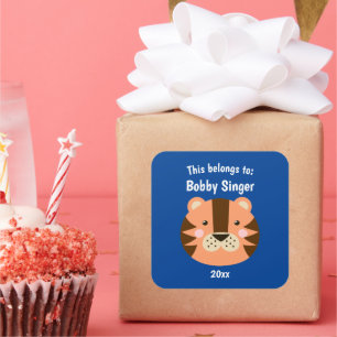 This Belongs to Back to School Cute Tiger Dk Blue Square Sticker