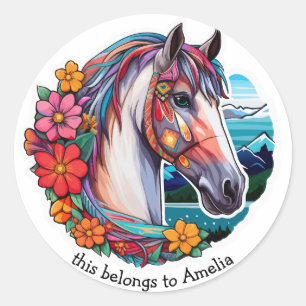 This Belongs to Back to School Floral Horse Classic Round Sticker