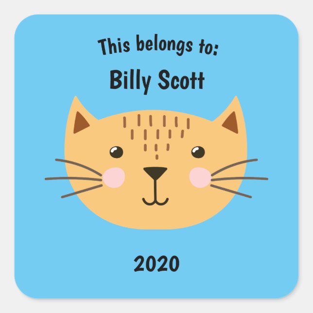 This Belongs to Back to School Kitty Cat Face Blu Square Sticker (Front)