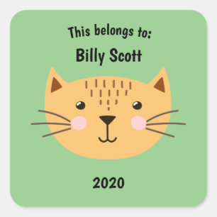This Belongs to Back to School Kitty Cat Face Grn Square Sticker