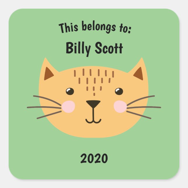 This Belongs to Back to School Kitty Cat Face Grn Square Sticker (Front)
