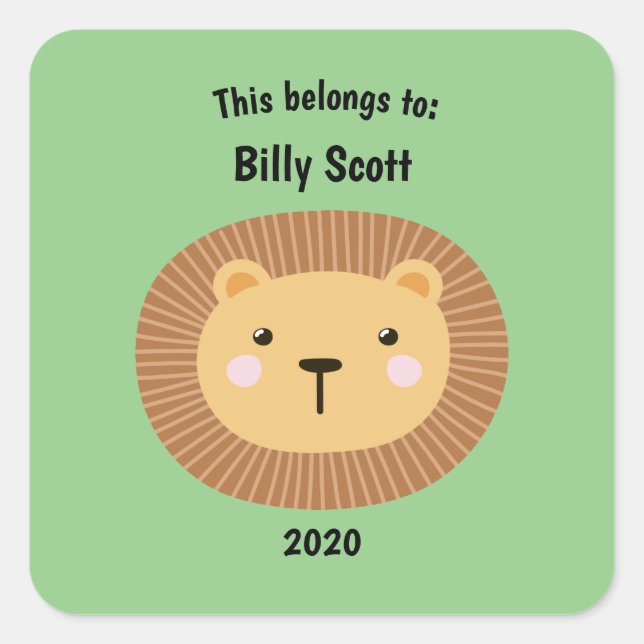 This Belongs to Back to School Lion Face Green Square Sticker (Front)