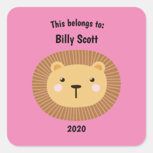 This Belongs to Back to School Lion Face Pink Square Sticker