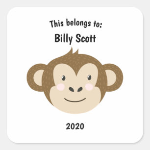 This Belongs to Back to School Monkey Face White Square Sticker