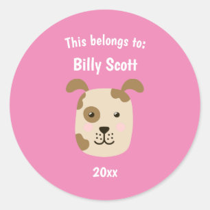 This Belongs to Back to School Puppy Dog Face Pink Classic Round Sticker