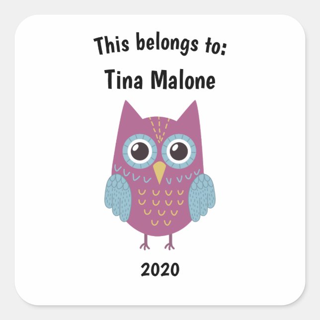 This Belongs to Back to School Purple Owl White Square Sticker (Front)