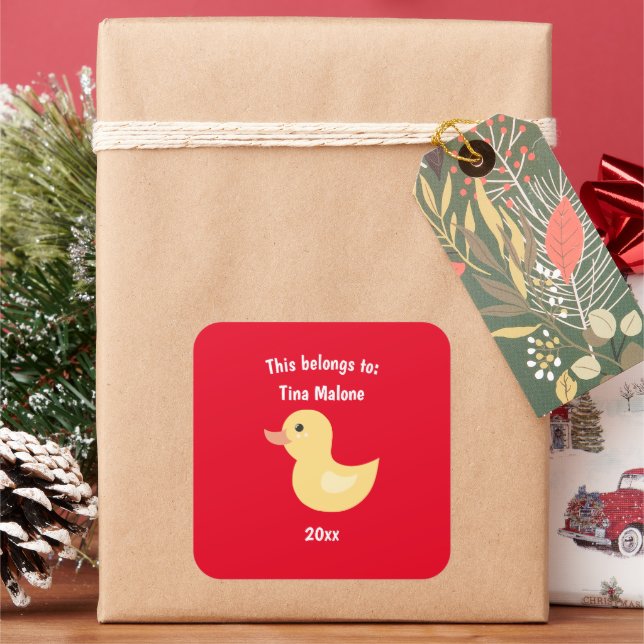This Belongs to Back to School Rubber Duck Red Square Sticker (Holiday)