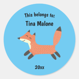 This Belongs to Back to School Running Fox Blue Classic Round Sticker