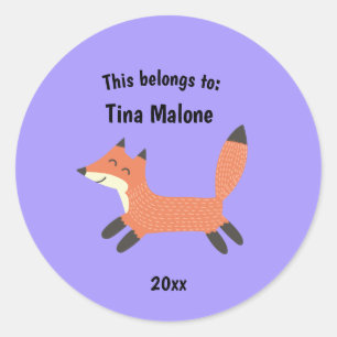 This Belongs to Back to School Running Fox Purple Classic Round Sticker