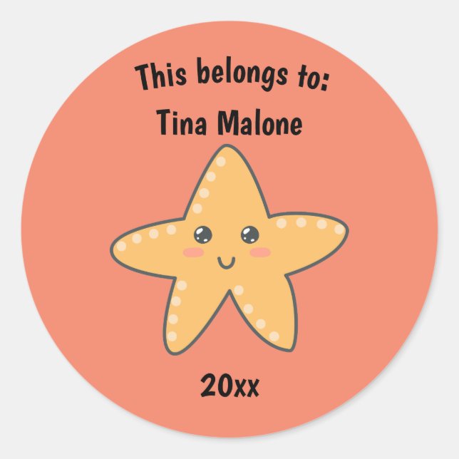 This Belongs to Back to School Starfish Orange Classic Round Sticker (Front)