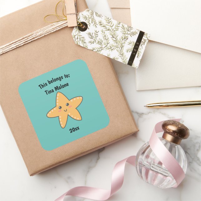 This Belongs to Back to School Starfish Turquoise Square Sticker (Gifting)