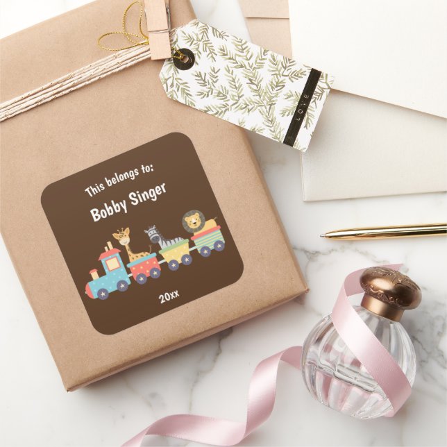 This Belongs to Back to School Toy Zoo Train Brown Square Sticker (Gifting)