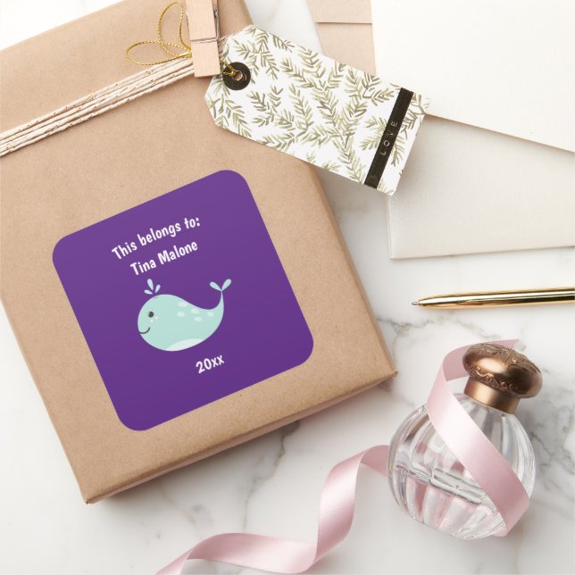 This Belongs to Back to School Whale Purple Square Sticker (Gifting)