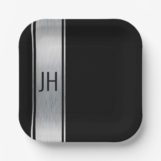 This black & silver custom bachelor party paper p plate (Front)
