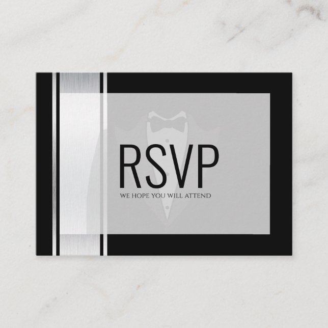 This black & white nobleman bachelor party rsvp place card (Front)