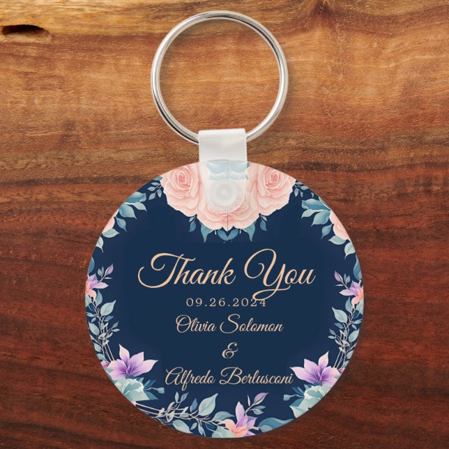 This Blush Pink and Navy Blue Floral Elegant Key Ring (Front)