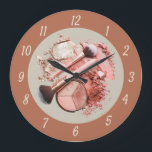 This Blush Pink Cosmetic Makeup Palette Large Clock<br><div class="desc">This Blush Pink Cosmetic Makeup Palette wall clock features a chic flat‑lay of blush and peach makeup powders, a sleek compact, and soft pink makeup brushes for a stylish, feminine aesthetic. The scattered powders and professional tools create a modern beauty‑studio vibe that looks gorgeous in salons, makeup rooms, esthetician spaces,...</div>