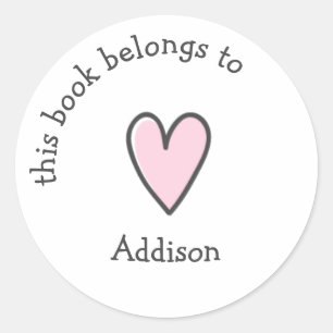 This Book Belong To - Cute Pink Heart - Kids Classic Round Sticker