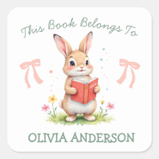 This Book Belongs Cute Bunny Name School Book Square Sticker