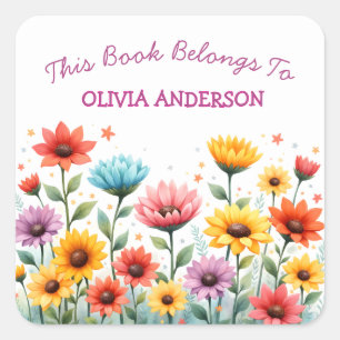This Book Belongs Cute Flowers Name School  Square Sticker