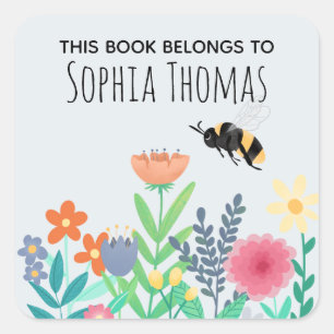 'This Book Belongs' Floral Bee Kids Bookplate Square Sticker