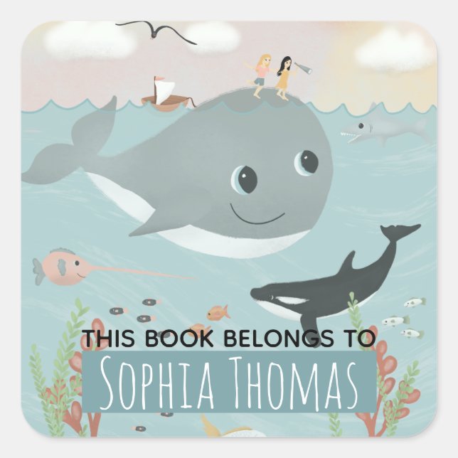 'This Book Belongs' Ocean Whale Kids Bookplate Square Sticker (Front)