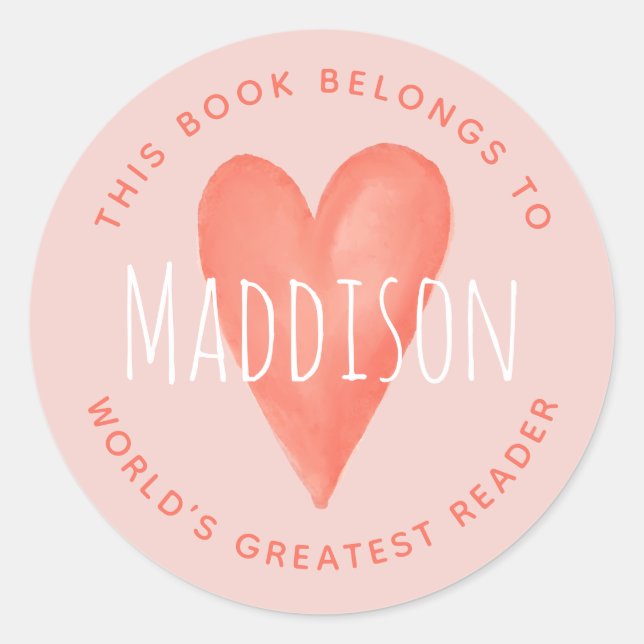'This Book Belongs' Pink Heart Kids Bookplate Classic Round Sticker (Front)