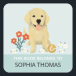 'This Book Belongs' Retriever Dog Kids Bookplate Square Sticker<br><div class="desc">This whimsical set of kids' bookplate stickers features an adorable golden retriever puppy. This cute design also features a place for you to add your girl's name. You are also welcome to edit the text 'this book belongs to..' The perfect floral addition to your dog-loving child's school supplies!</div>