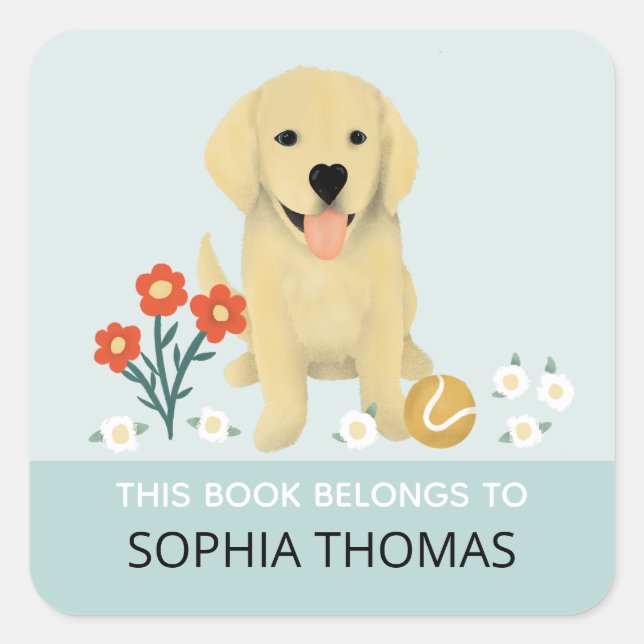 'This Book Belongs' Retriever Dog Kids Bookplate Square Sticker (Front)