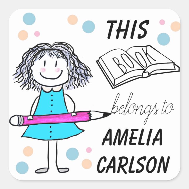 This Book Belongs To Cartoon Girl Custom Square Sticker (Front)