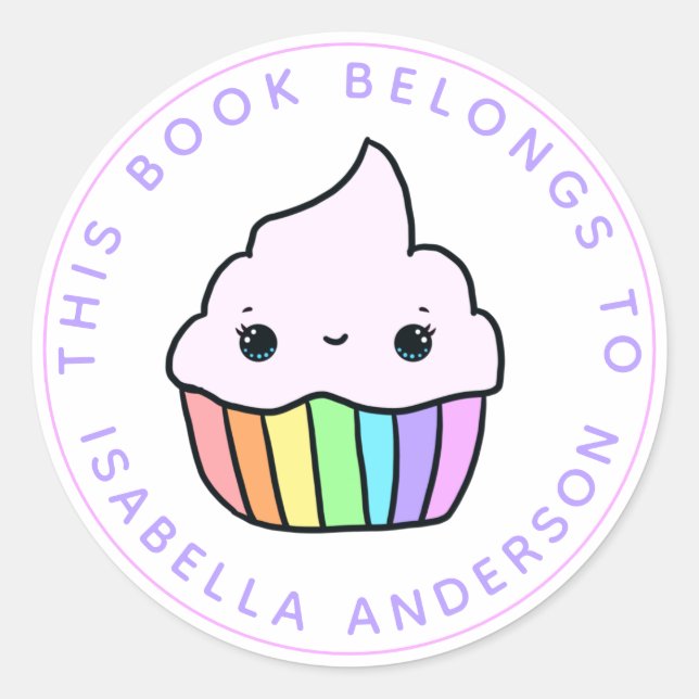 This Book Belongs To Cupcake Bookplate Classic Round Sticker (Front)