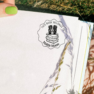 This Book Belongs To, Cute Border Collie Book Rubber Stamp