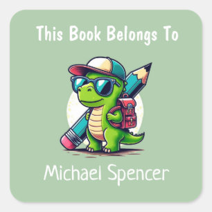 This Book Belongs To Cute Boys Dinosaur Green Square Sticker