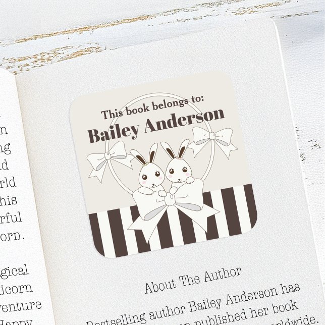 This Book Belongs To Cute Bunny Kids Bookplate Square Sticker (Creator Uploaded)