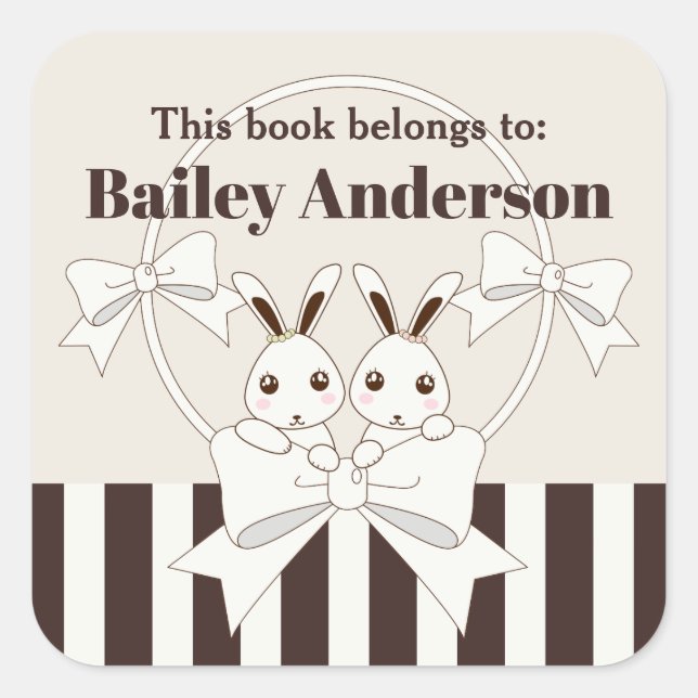 This Book Belongs To Cute Bunny Kids Bookplate Square Sticker (Front)