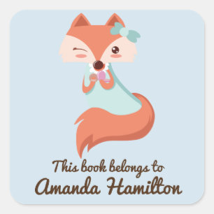 THIS BOOK BELONGS TO CUTE FOX WITH BLUE BOW SQUARE STICKER
