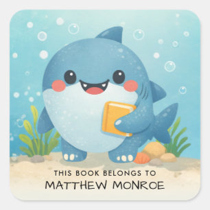 This Book Belongs To Cute Shark Kid's Bookplate Square Sticker