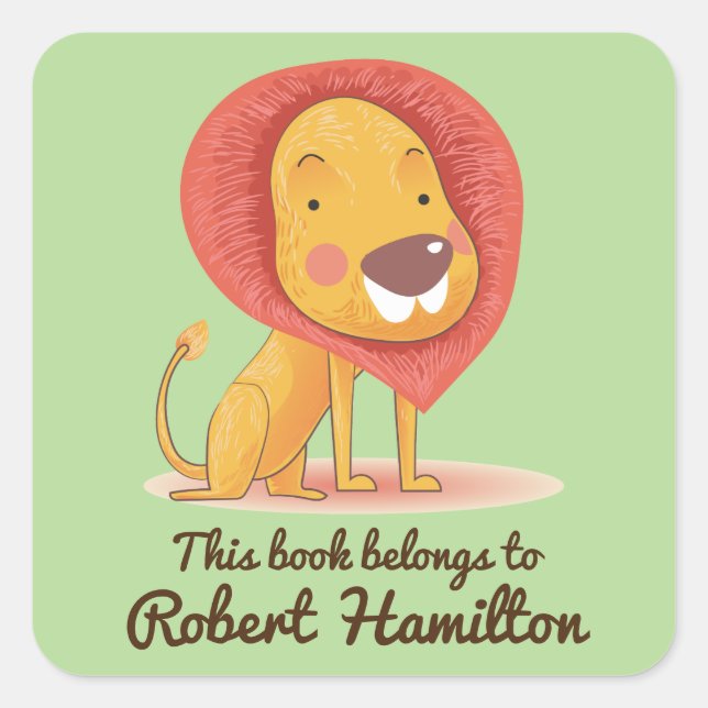 THIS BOOK BELONGS TO CUTE SHY LION PERSONALIZED SQUARE STICKER (Front)